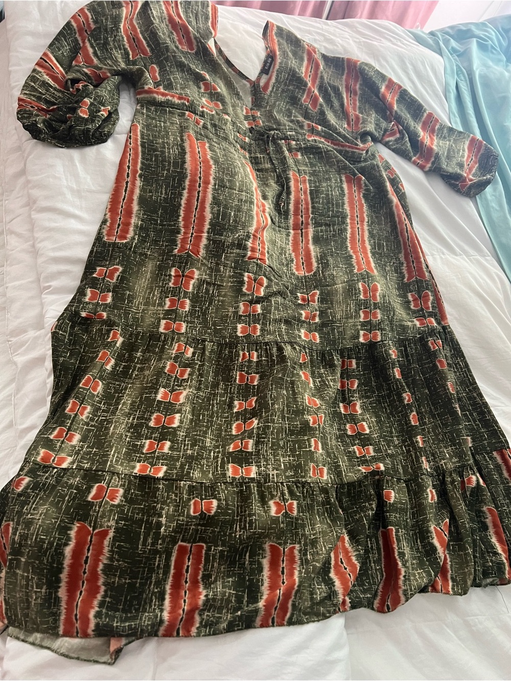 Olive Green and Rust Printed V-Neck Tiered Maxi Dress XL